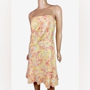 Ann Taylor Floral Linen Flounce Hem Spaghetti Strap A-Line Midi Dress
